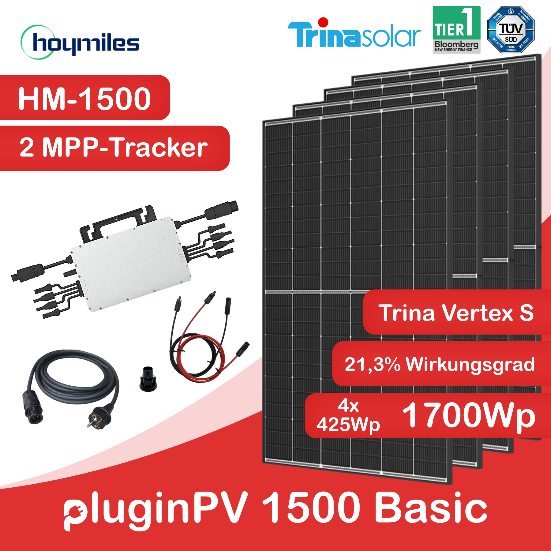 1500 Watt Plug & Play Solaranlage pluginPV 1500 Basic (4 Module) - Mini-Solaranlage 1500 Watt / 1700 Wat