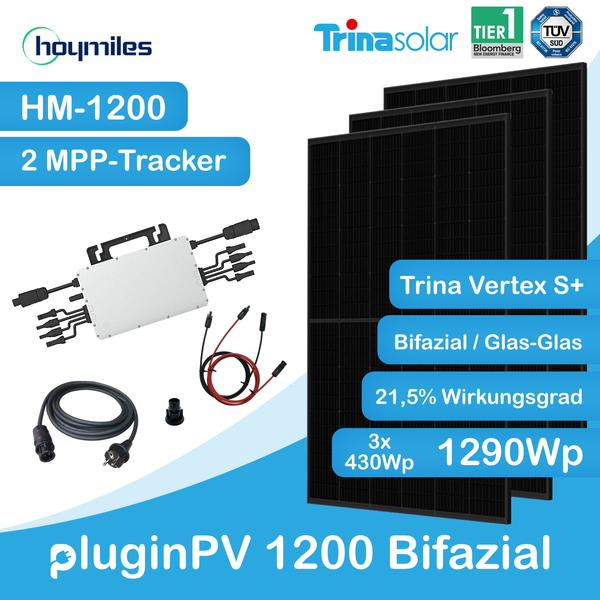 pluginPV 1200 Bifazial (3 Module) - Mini-Solaranlage 1200 Watt / 1290 Watt Peak - Hoymiles / Trina (Bifazial)