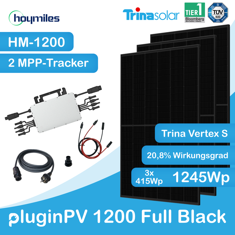 pluginPV 1200 Full Black (3 Module) - Mini-Solaranlage 1200 Watt / 1245 Watt Peak - Hoymiles / Trina (Full Black)