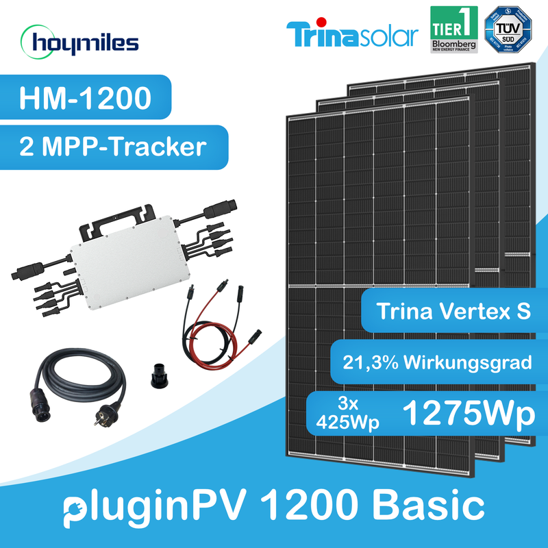 pluginPV 1200 Basic (3 Module) - Mini-Solaranlage 1200 Watt / 1275 Watt Peak - Hoymiles / Trina (Black Frame)