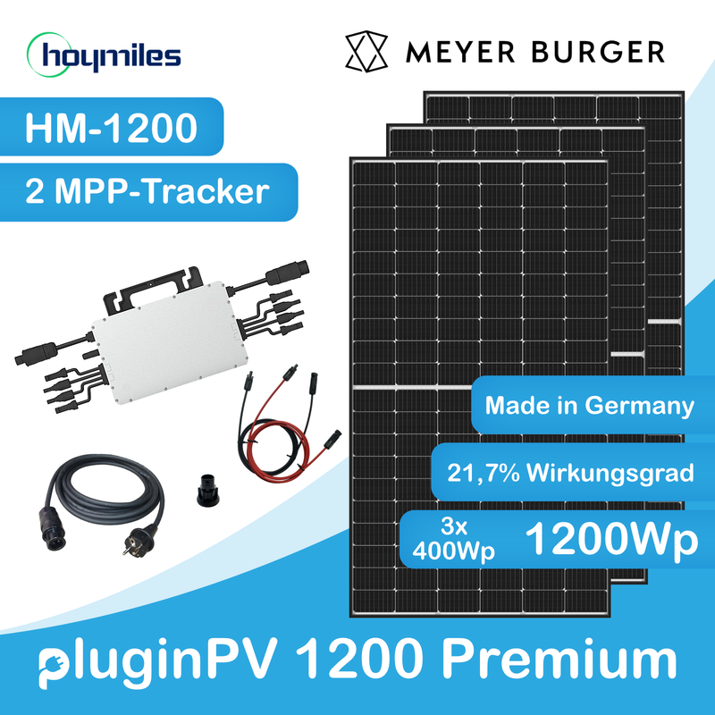 pluginPV 1200 Premium (3 Module) - Mini-Solaranlage - 1200 Watt / 1200 Watt Peak - Hoymiles / Meyer Burger (Black Frame)