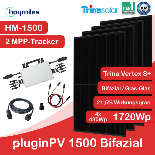 pluginPV 1500 Bifazial (4 Module) - Mini-Solaranlage 1500 Watt / 1720 Watt Peak - Hoymiles / Trina (Bifazial)