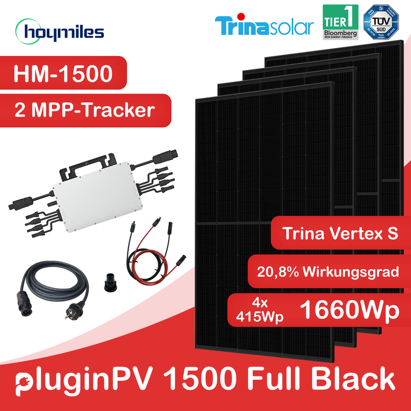 pluginPV 1500 Full Black (4 Module) - Mini-Solaranlage 1500 Watt / 1660 Watt Peak - Hoymiles / Trina (Full Black)
