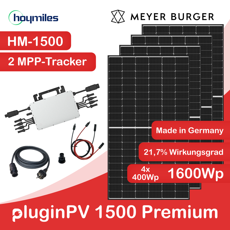 pluginPV 1500 Premium (4 Module) - Mini-Solaranlage - 1500 Watt / 1600 Watt Peak - Hoymiles / Meyer Burger (Black Frame)