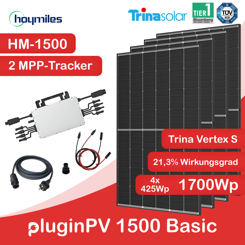 pluginPV 1500 Basic (4 Module) - Mini-Solaranlage 1500 Watt / 1700 Watt Peak - Hoymiles / Trina (Black Frame)