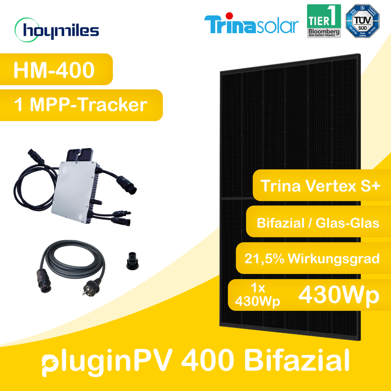 pluginPV 400 Bifazial (1 Modul) - Balkonkraftwerk 400 Watt / 430 Watt Peak - Hoymiles / Trina (Bifazial)
