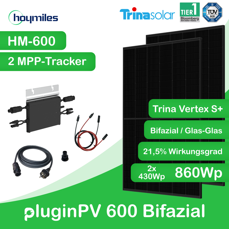 pluginPV 600 Bifazial (2 Module)- Balkonkraftwerk 600 Watt / 860 Watt Peak - Hoymiles / Trina (Bifazial)