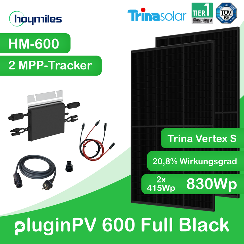 pluginPV 600 Full Black (2 Module)- Balkonkraftwerk 600 Watt / 830 Watt Peak - Hoymiles / Trina (Full Black)