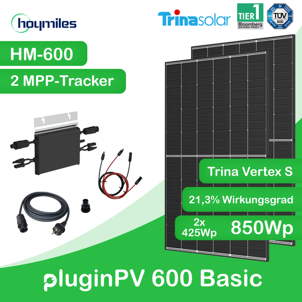 pluginPV 600 Basic (2 Module)- Balkonkraftwerk 600 Watt / 850 Watt Peak - Hoymiles / Trina (Black Frame)