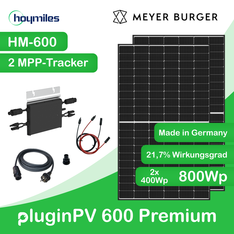 pluginPV 600 Premium (2 Module) - Balkonkraftwerk - 600 Watt / 800 Watt Peak - Hoymiles / Meyer Burger (Black Frame)