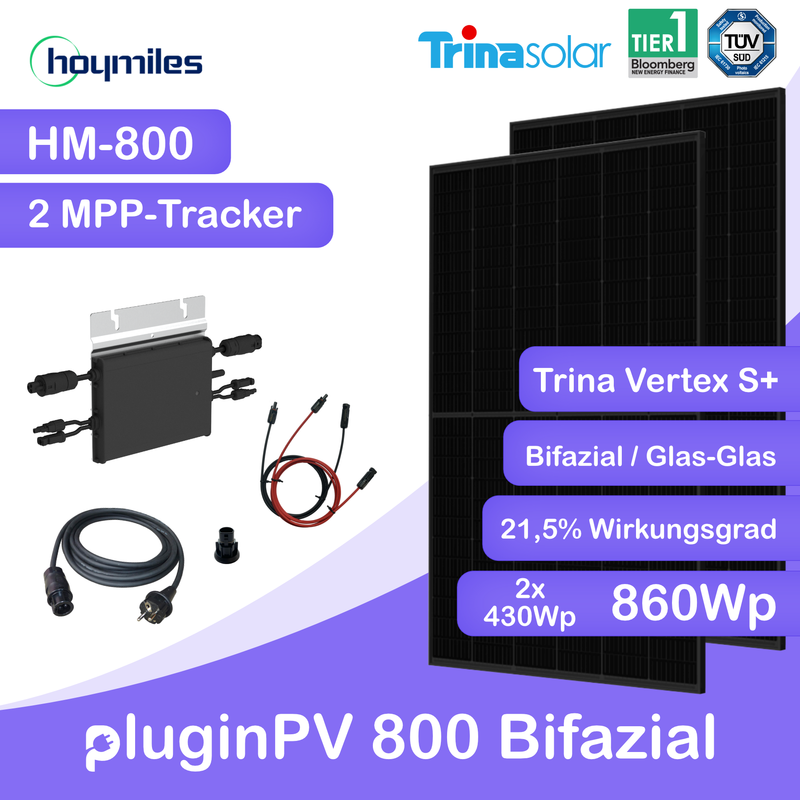 pluginPV 800 Bifazial (2 Module) - Balkonkraftwerk 800 Watt / 860 Watt Peak - Hoymiles / Trina (Bifazial)