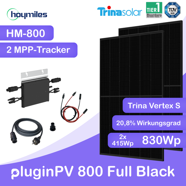 pluginPV 800 Full Black (2 Module) - Balkonkraftwerk 800 Watt / 830 Watt Peak - Hoymiles / Trina (Full Black)
