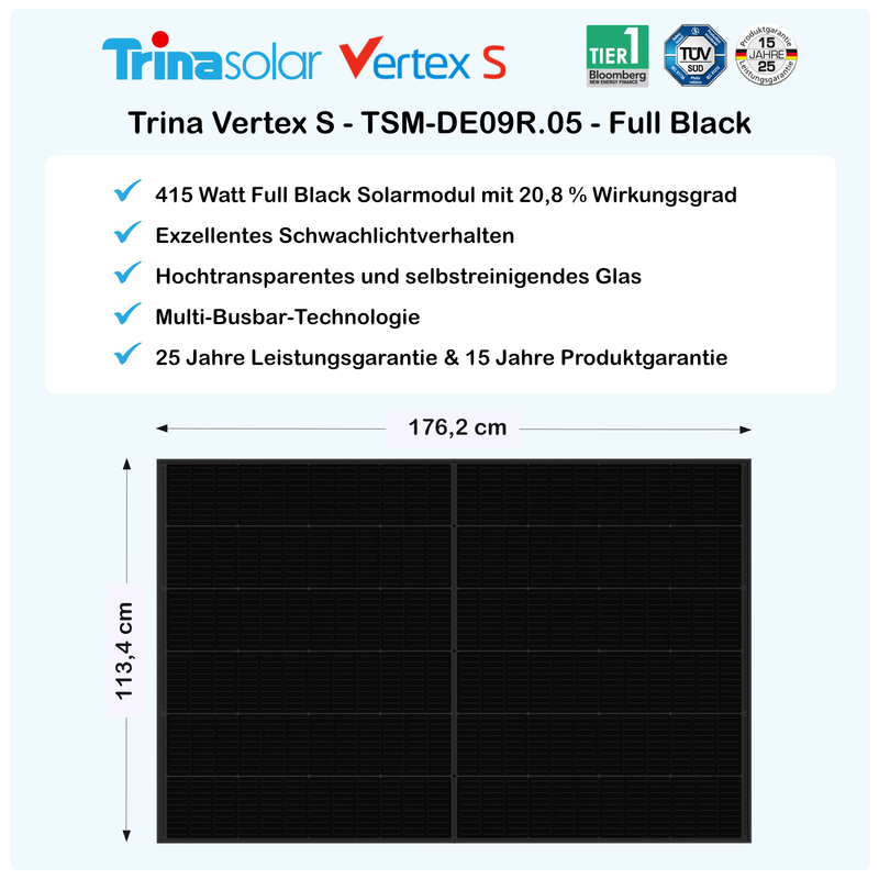 pluginPV 1200 Full Black (3 Module) - Mini-Solaranlage 1200 Watt / 1245 Watt Peak - Hoymiles / Trina (Full Black)