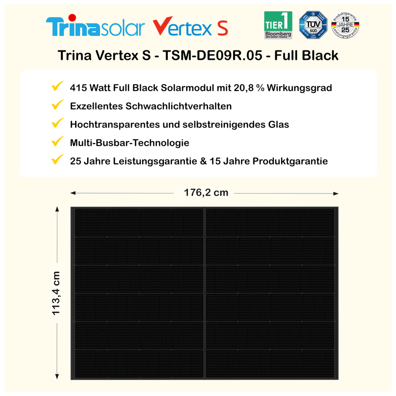 pluginPV 400 Full Black (1 Modul) - Balkonkraftwerk 400 Watt / 415 Watt Peak - Hoymiles / Trina (Full Black)