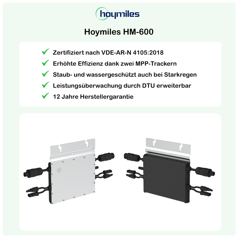 pluginPV 600 Premium (2 Module) - Balkonkraftwerk - 600 Watt / 800 Watt Peak - Hoymiles / Meyer Burger (Black Frame)