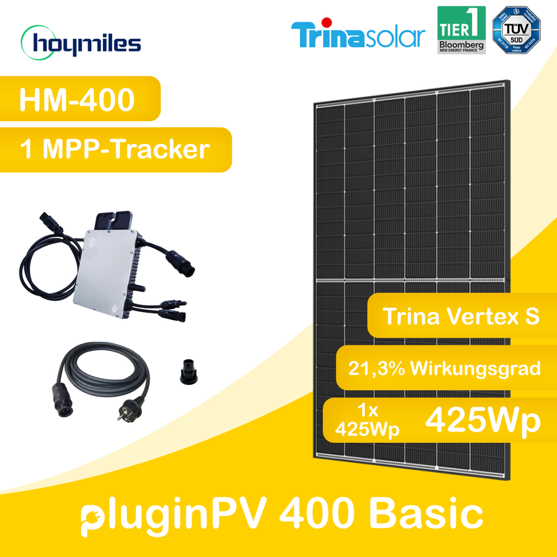 pluginPV 400 Basic (1 Modul) - Balkonkraftwerk 400 Watt / 425 Watt Peak - Hoymiles / Trina (Black Frame)