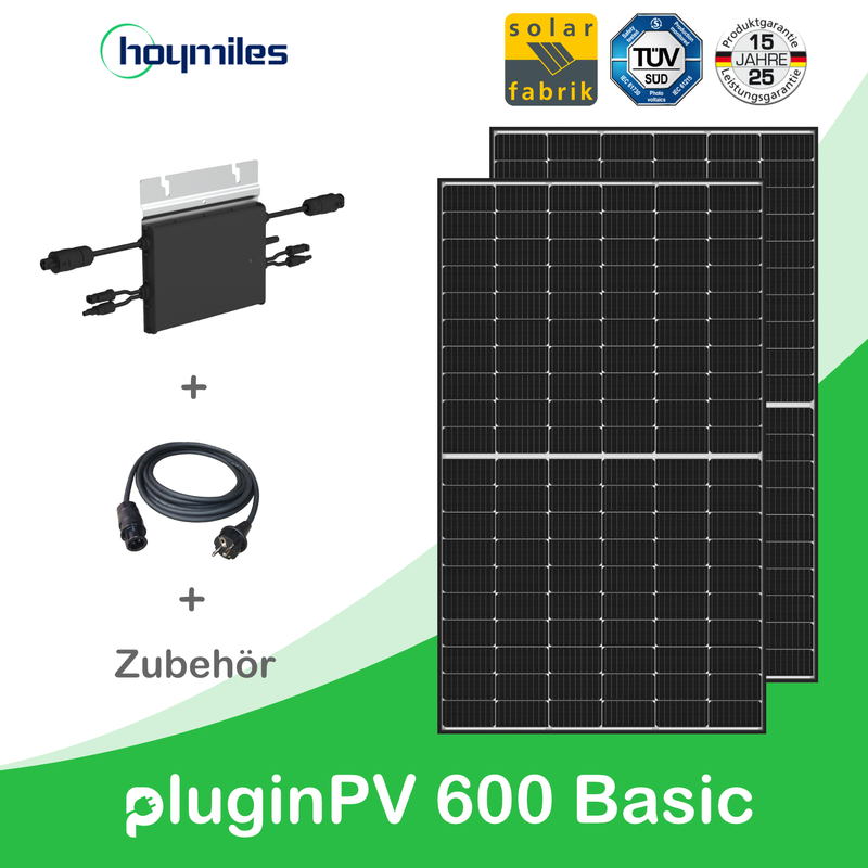 pluginPV 600 Basic (2 Module) - Balkonkraftwerk - 600 Watt / 750 Watt Peak - Hoymiles / Solar-Fabrik (Black Frame)