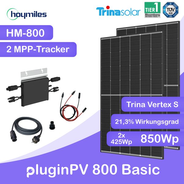 pluginPV 800 Basic (2 Module) - Balkonkraftwerk 800 Watt / 850 Watt Peak - Hoymiles / Trina (Black Frame)