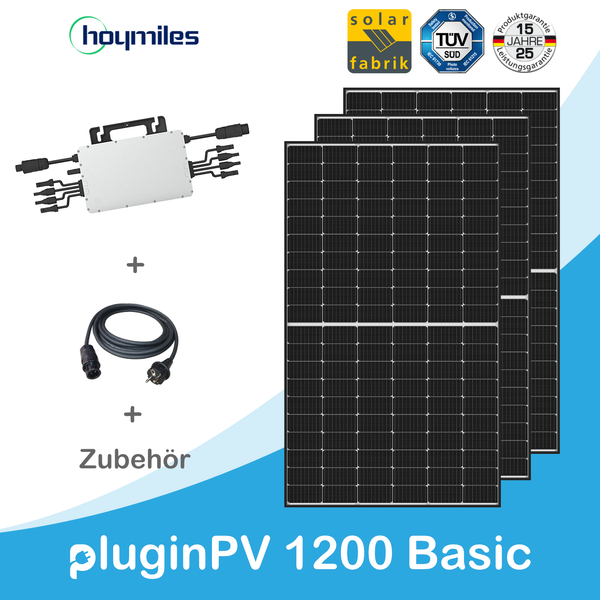 pluginPV 1200 Basic (3 Module) - Mini-Solaranlage - 1200 Watt / 1125 Watt Peak - Hoymiles / Solar-Fabrik (Black Frame)