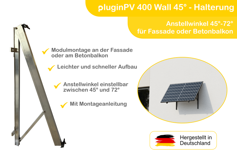Balkonkraftwerk pluginPV 400 Wall 45° für Fassade oder Betonbalkon